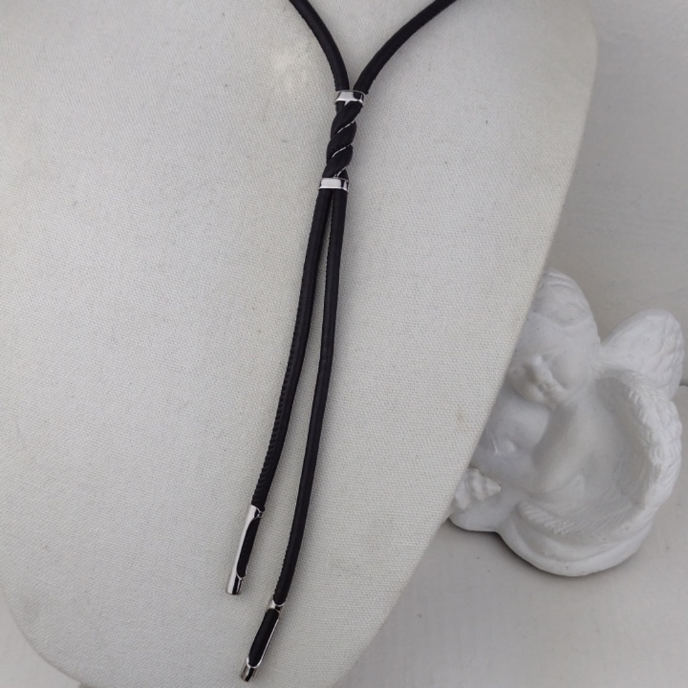 WHBM Black Leather & Silver Tone Accents & Hardware Lariat Bolo Necklace